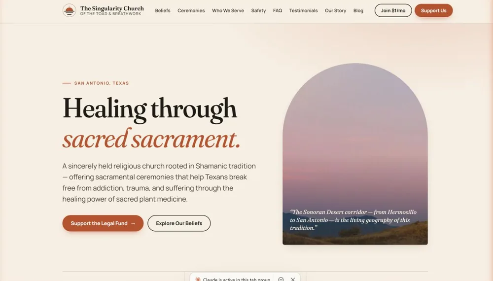 Screenshot of the Bufo Church website: healing through sacred sacrament