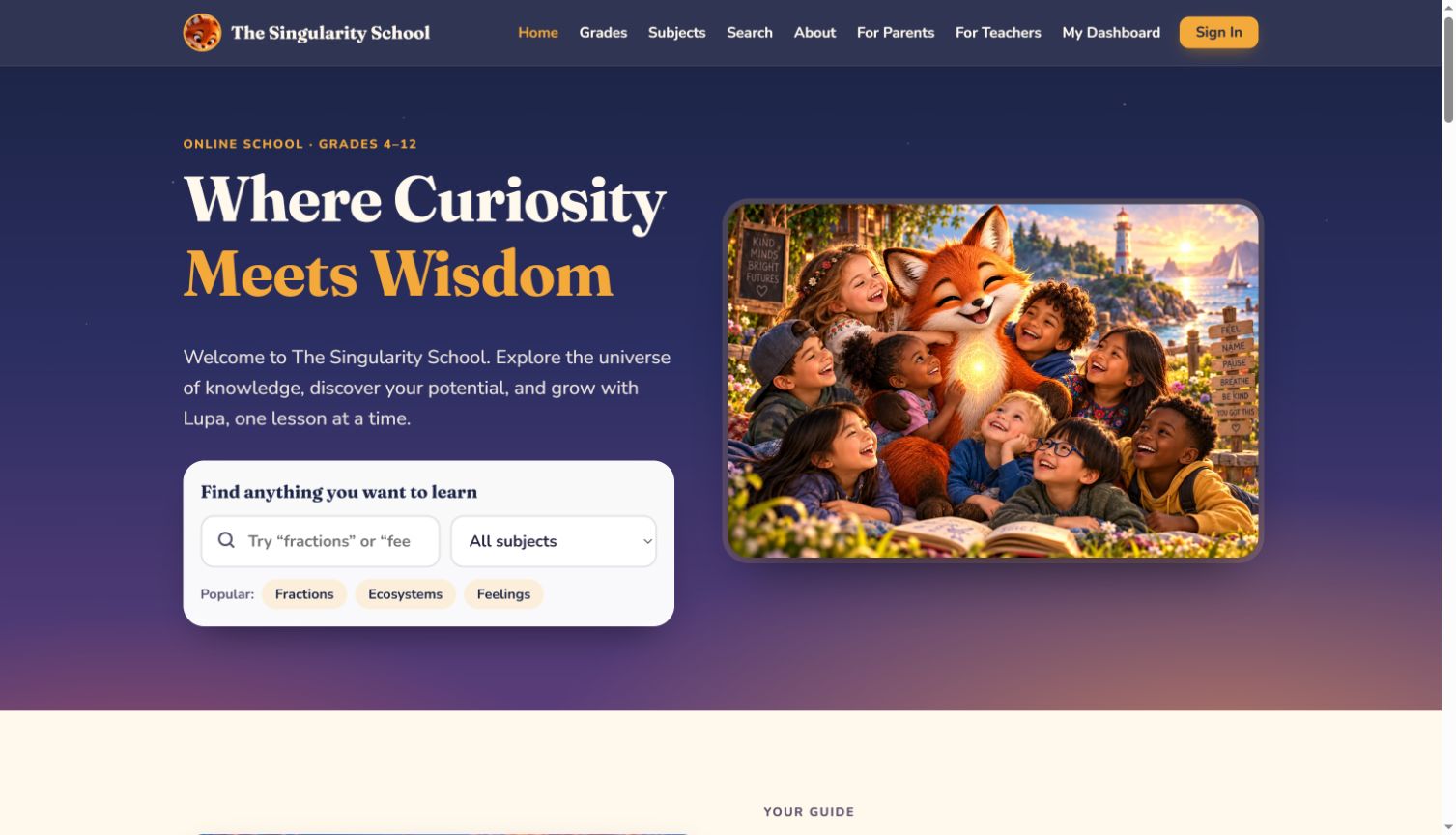The Singularity School website homepage
